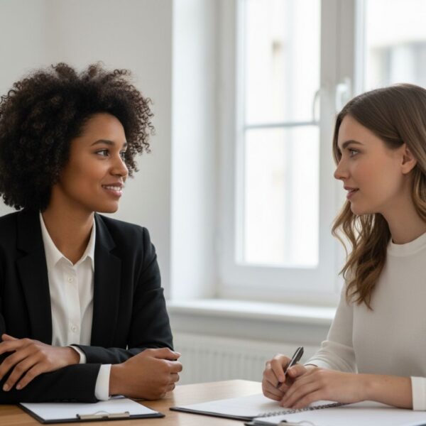 Two women are engaged in a supportive, confidential conversation at a table.