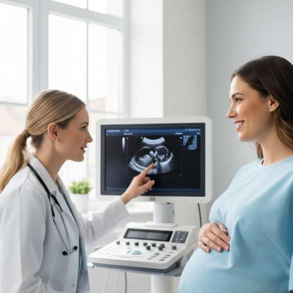 A smiling pregnant woman looks at a doctor who is pointing to an ultrasound image on a monitor.