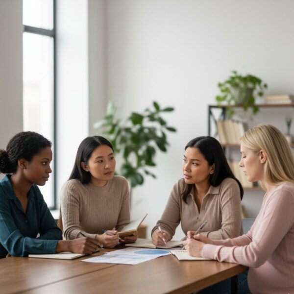 A diverse group of women, including one who is pregnant, are seated around a table, engaged in a serious discussion and taking notes.