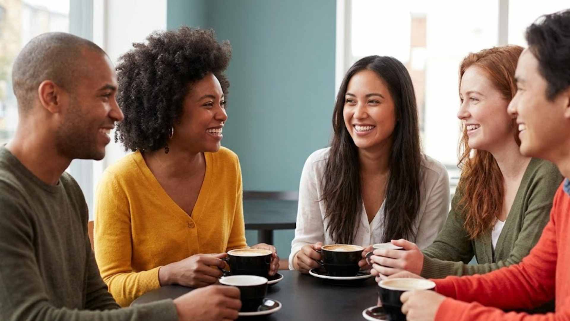 A diverse group of supportive friends talking over coffee