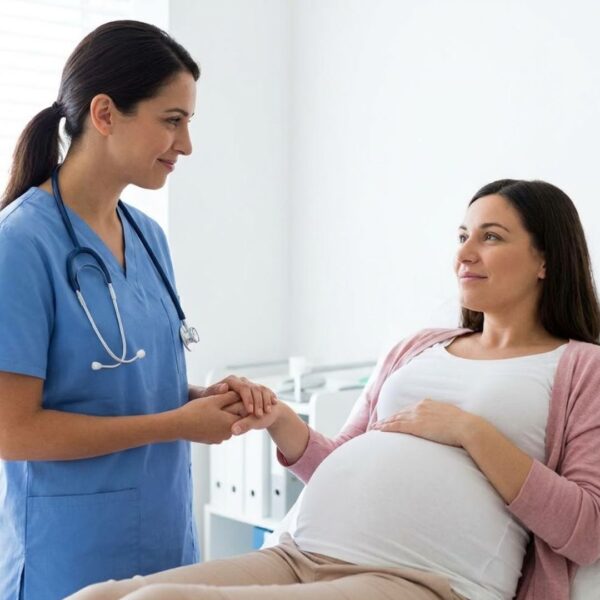 A nurse holding the hand of a pregnant woman during a checkup