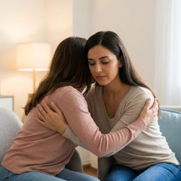 Two women embracing gently in a supportive counseling room