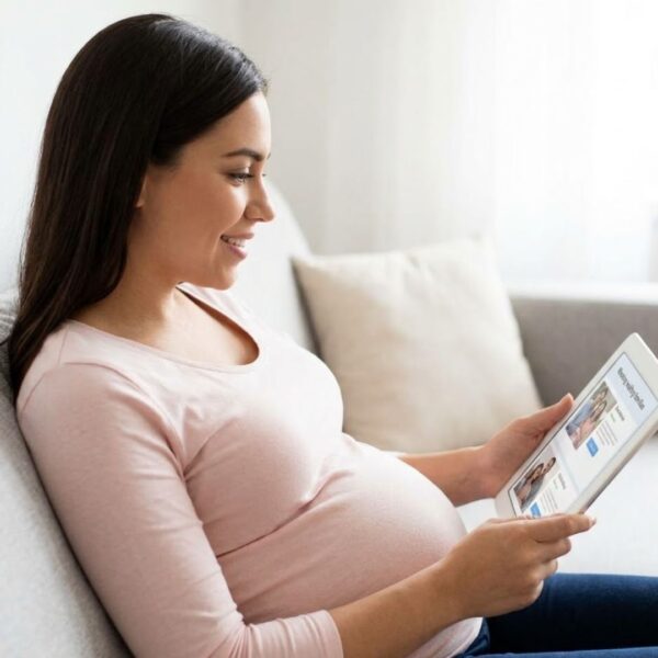 A pregnant woman comfortably browsing waiting families on a tablet.